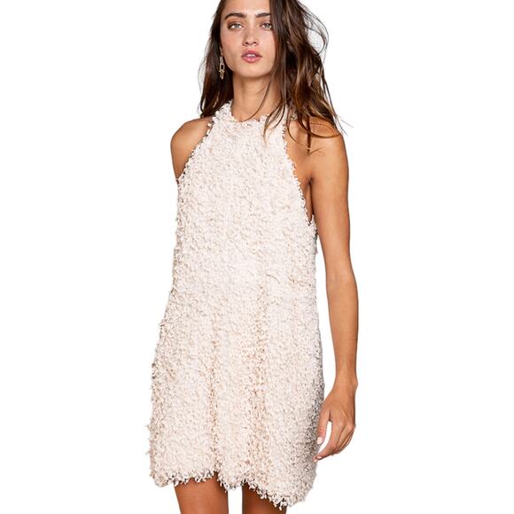 Blush Pink Babydoll Mini Dress MEDIUM Fringe Confetti Popcorn Frilly Halter NEW - Picture 1 of 8